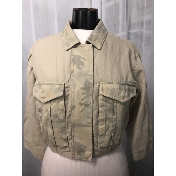 Anthropologie Hei Hei Women's Jacket Taupe Camo Crop Linen Size XSP NWT - Picture 3 of 12